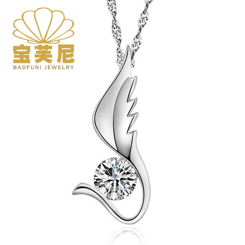天使翅膀单吊坠 八心八箭项链简约时尚女生项链 镶钻镀白金项饰品
