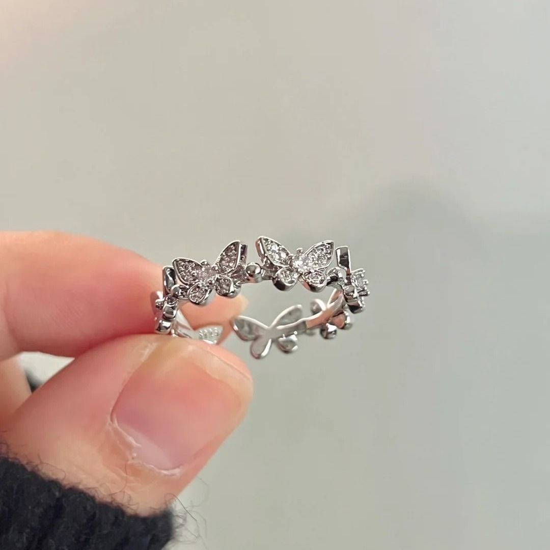 日韩时尚可调节活口手饰女网红锆石蝴蝶戒指气质开口可调节食指环