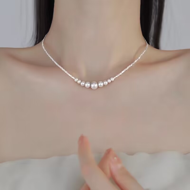 碎银子拼接施家渐变珍珠锁骨链ins设计感fever同款复古轻奢项链女