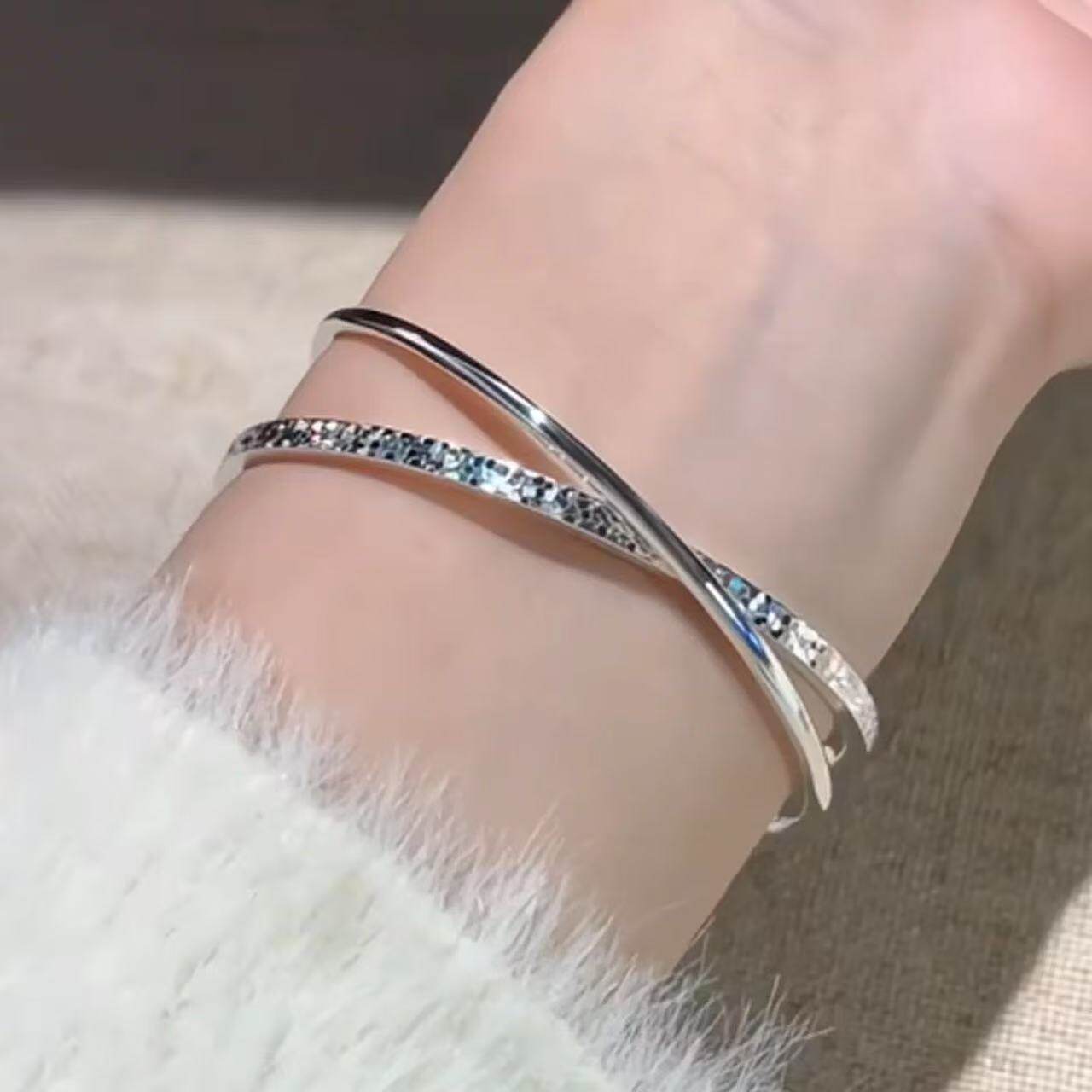 双环银色手环碎冰冰素圈双层交叉手镯女清冷感精致巨好看手饰批发