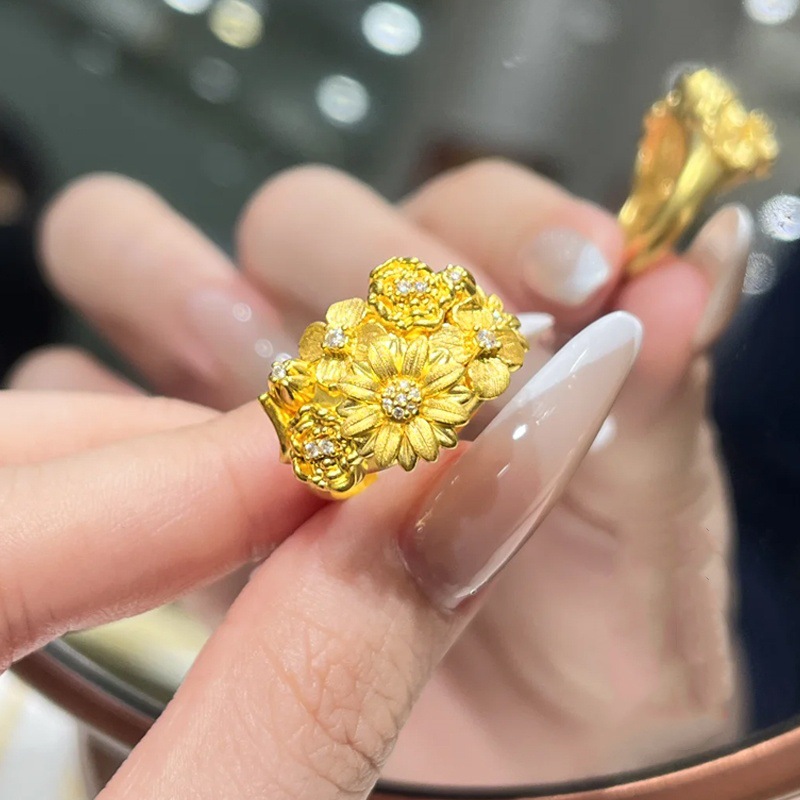 镀仿金色繁花锦簇开口戒指女款高颜值镶嵌点钻指环送女友生日礼物