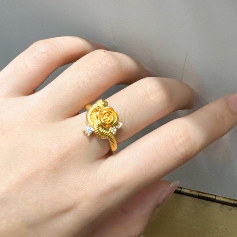 「宿命玫瑰」中古金色灵蛇花朵戒指复古重工千金感蛇年生肖食指戒