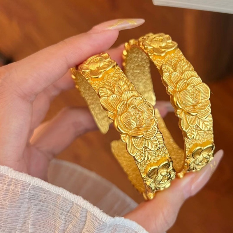 富贵牡丹花手镯古法沙金錾刻高级感设计女款新中式国潮风